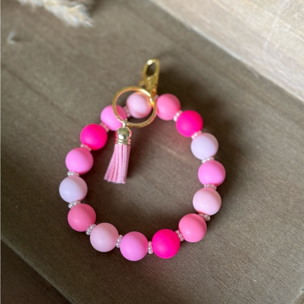 Pink Beaded Wristlet Keychain with Tassel